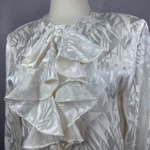 Vintage 90's Women's Large Ruffle Front Ivory Satin Button Blouse Romantic Poet